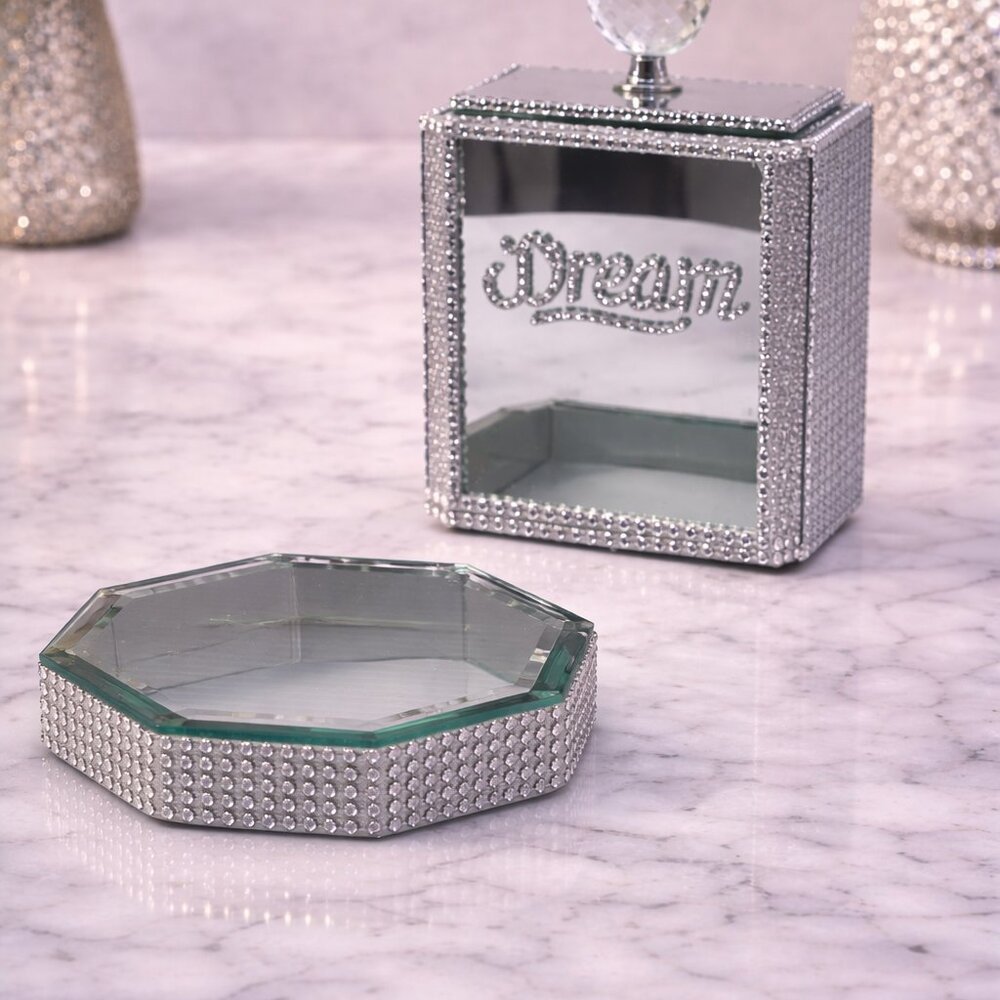 Silver Rhinestone Dream Glass Keepsake Box Mirrored Jewelry Holder - Picture 3 of 3